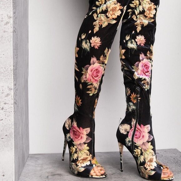 SECRET  " FLORAL FANTASY " Open Toe Thigh High PLUSH VELVET - Picture 1 of 3